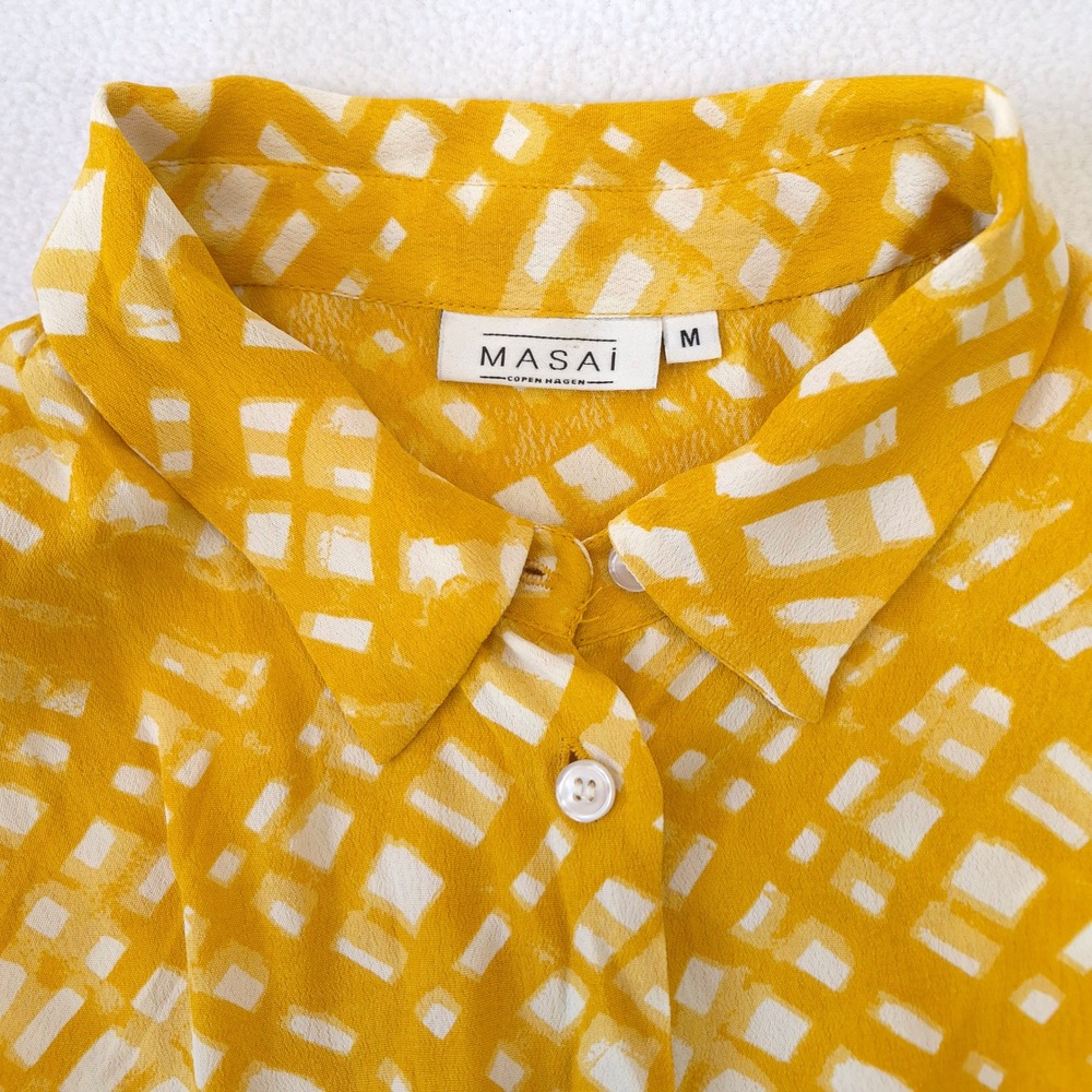 Masai Copenhagen Button Front Midi Dress Yellow Size M Abstract Grid Boho Scandi - Picture 8 of 12